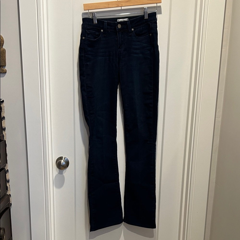 Page, dark wash, mid-rise jeans. Size 26